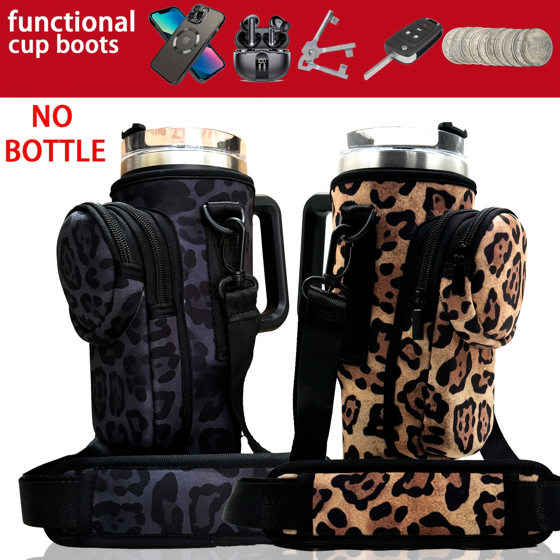1pc Neoprene Sports Water Bottle Sleeve with Adjustable Shoulder Strap and Pocket, Universal Fit for 40oz Tumblers, Outdoor Carrying Case with Leopard Print Design